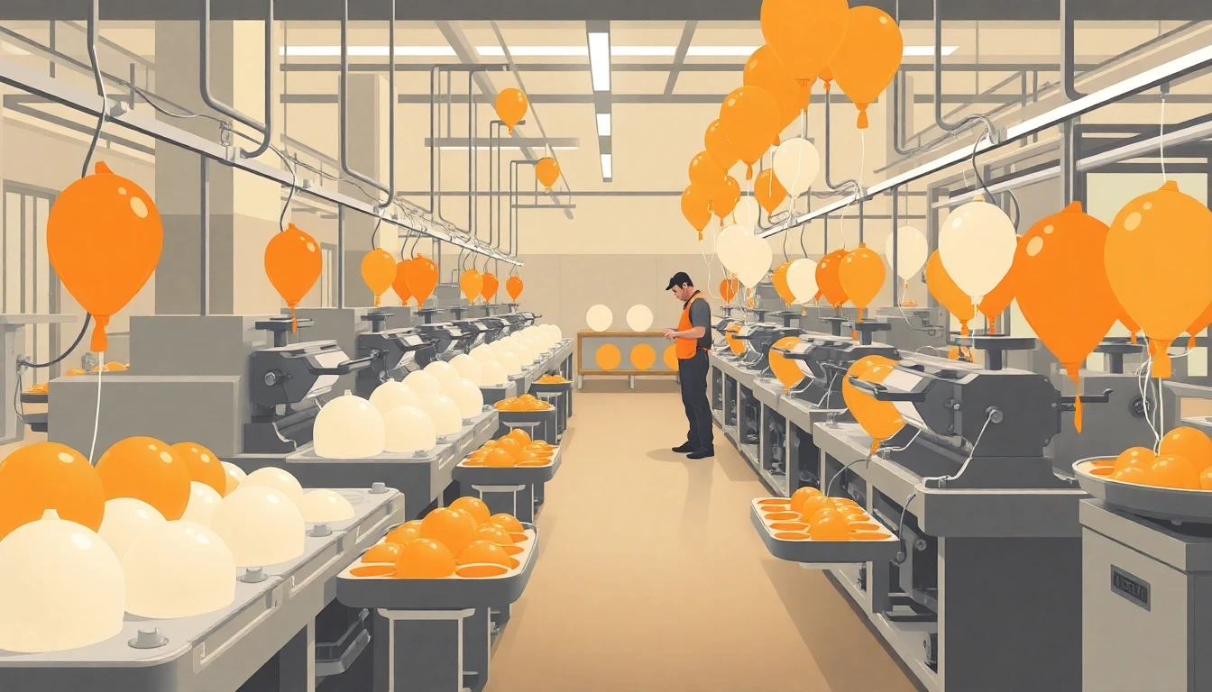 Línea de producción de globos con máquinas y operarios
